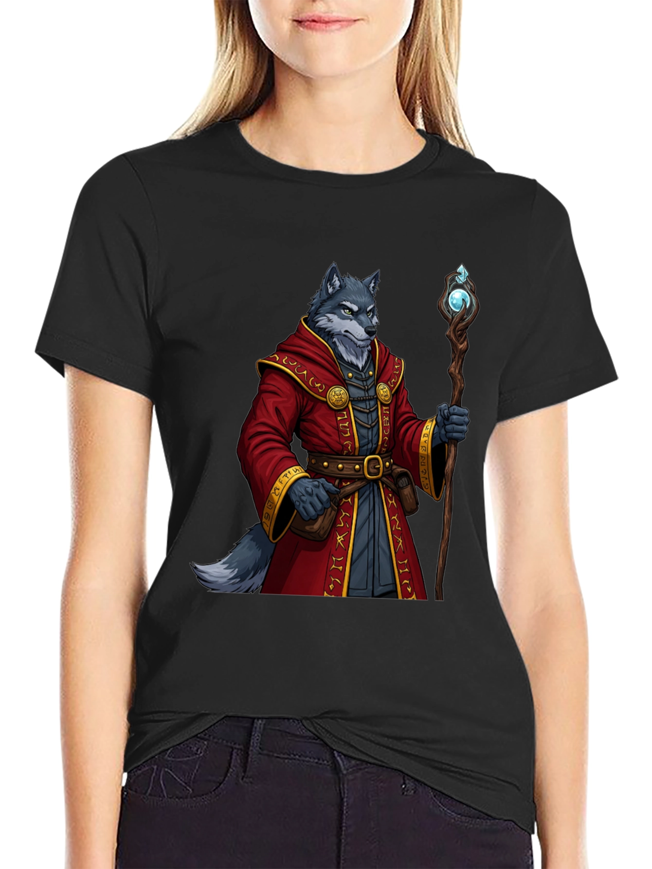 Wolf Wizard T-Shirt - Fantasy Mage Design