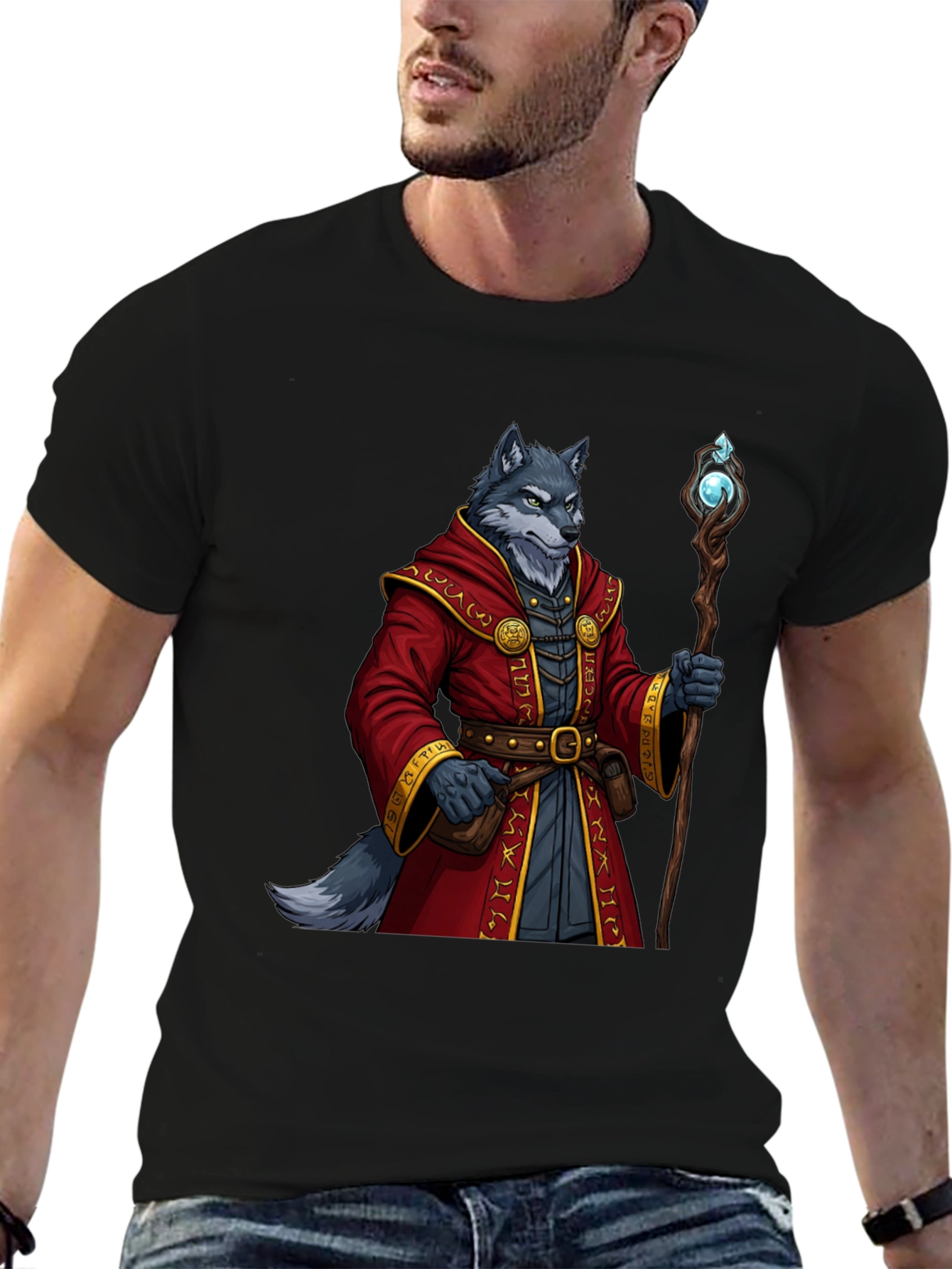 Wolf Wizard T-Shirt - Fantasy Mage Design