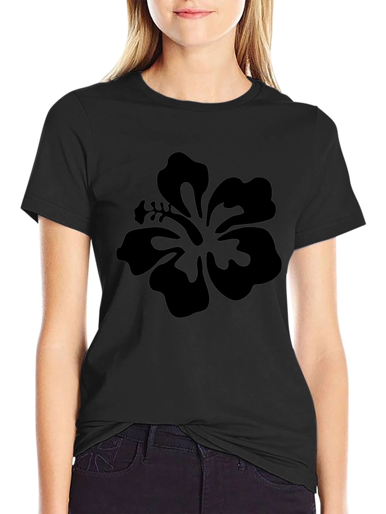 Black Hibiscus Graphic Tee - Casual Comfort