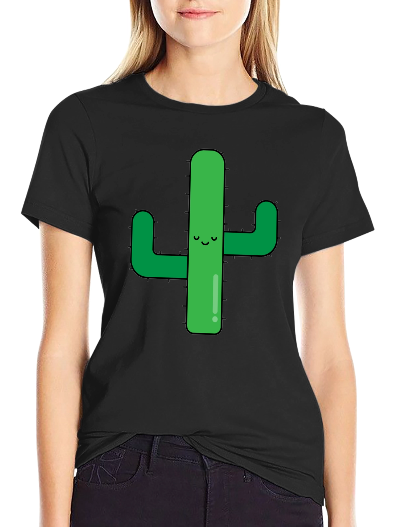 Cute Cactus Graphic Tee - Black Cotton Shirt