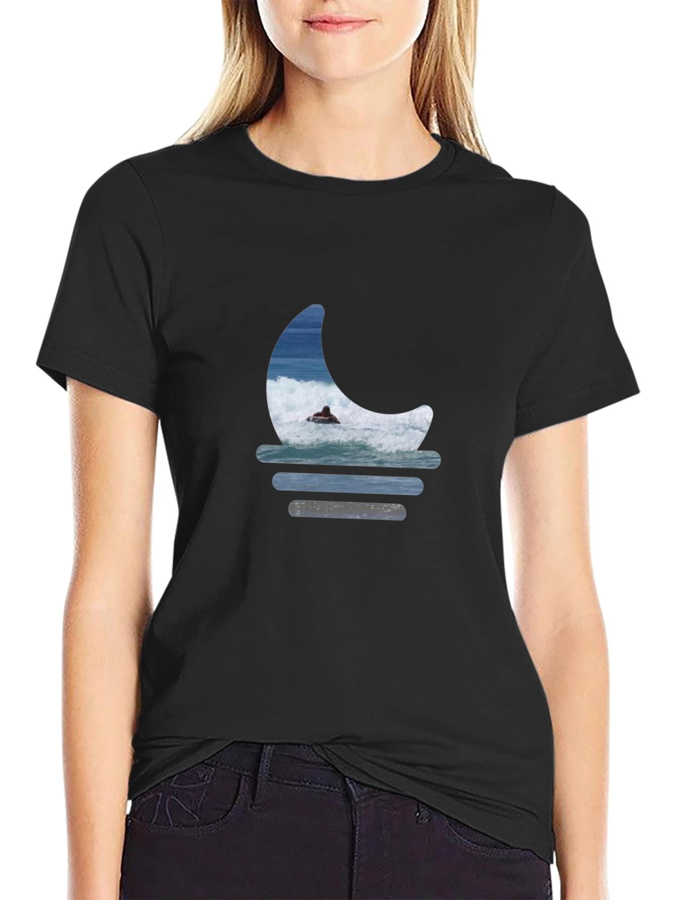 Surfer Moon Graphic Tee - Relaxed Fit Black T-Shirt