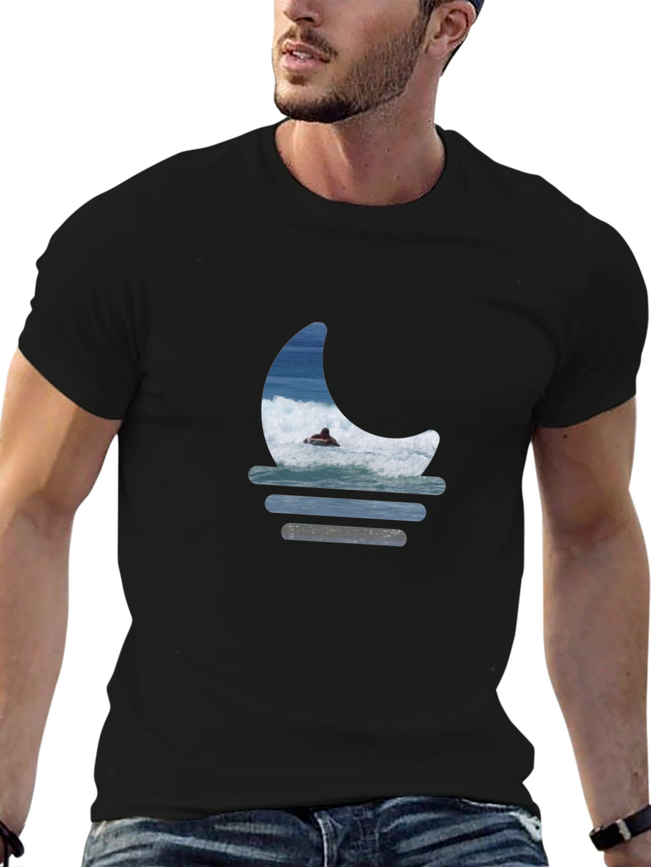 Surfer Moon Graphic Tee - Relaxed Fit Black T-Shirt
