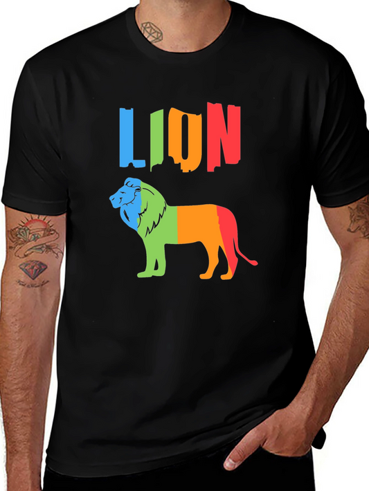 Colorful Lion Graphic Tee - Black Crewneck T-Shirt