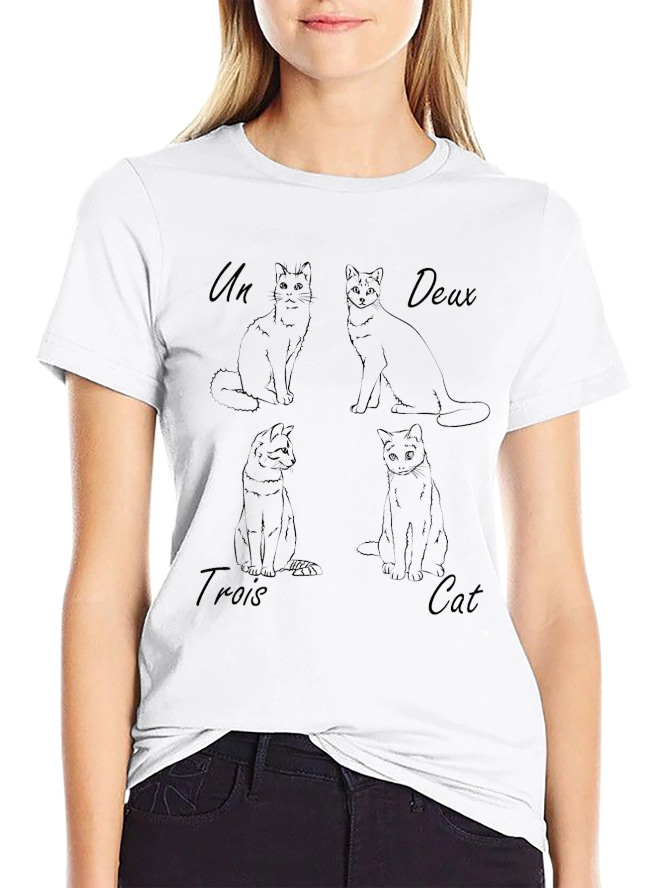 Cat Number French Line Art Black T-Shirt