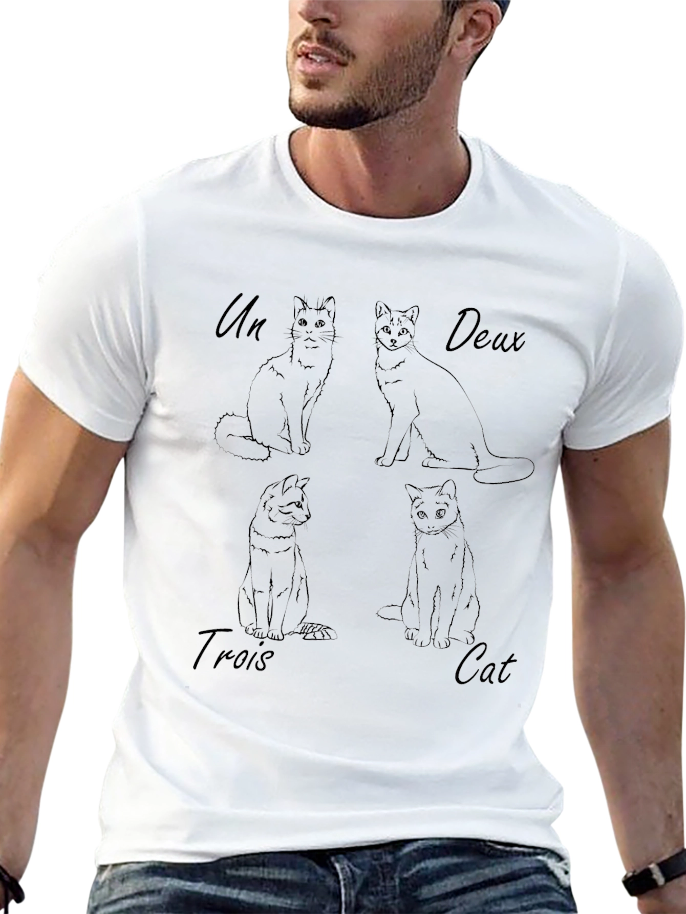 Cat Number French Line Art Black T-Shirt