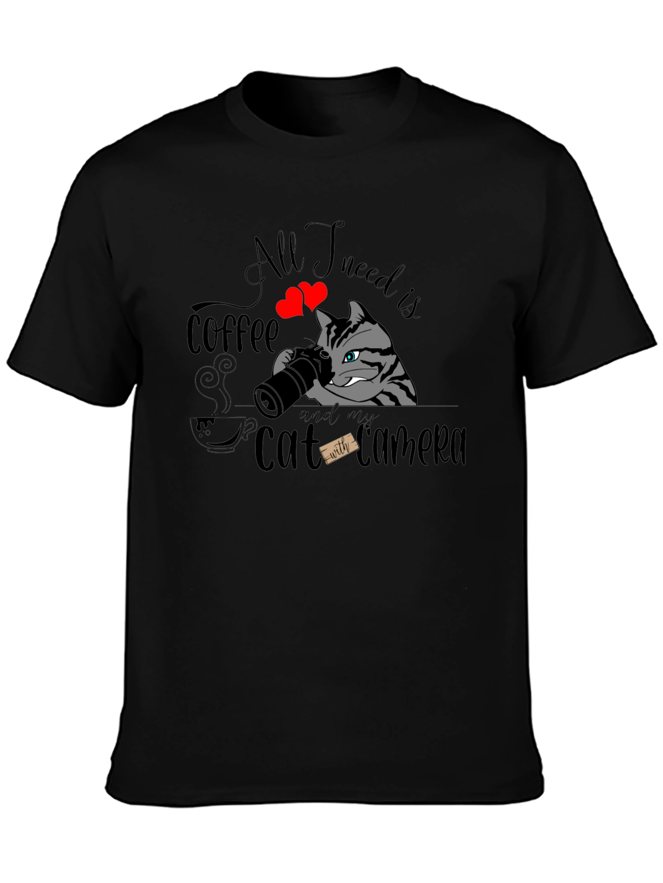 Coffee & Cat Camera Graphic T-Shirt