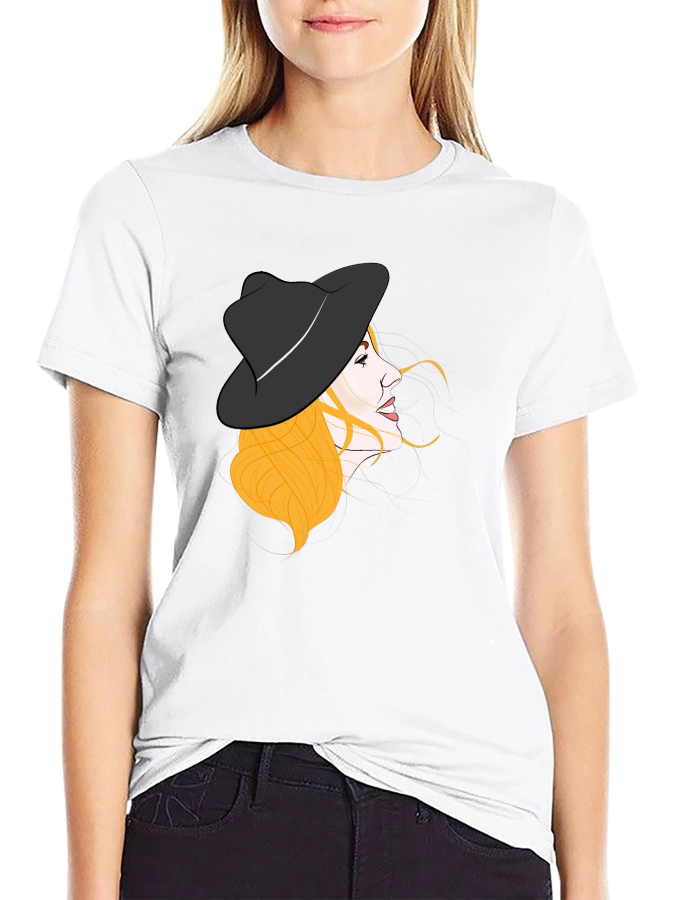 Stylish Woman Hat Graphic Black Tee
