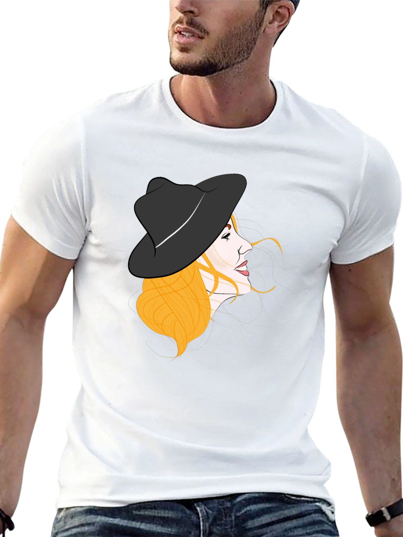 Stylish Woman Hat Graphic Black Tee