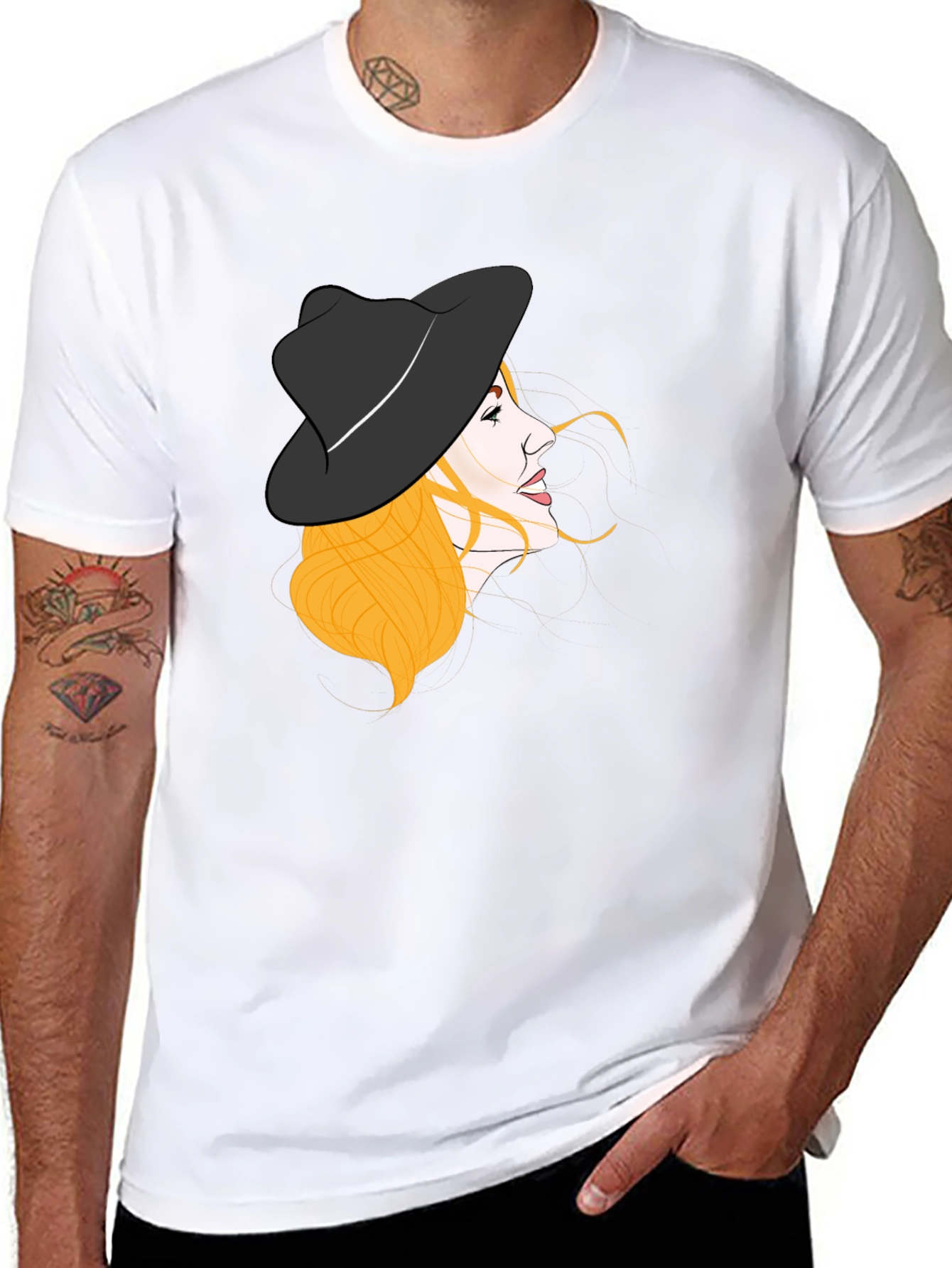 Stylish Woman Hat Graphic Black Tee