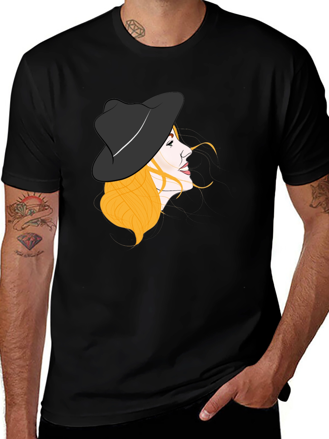 Stylish Woman Hat Graphic Black Tee