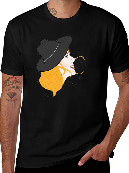 Stylish Woman Hat Graphic Black Tee