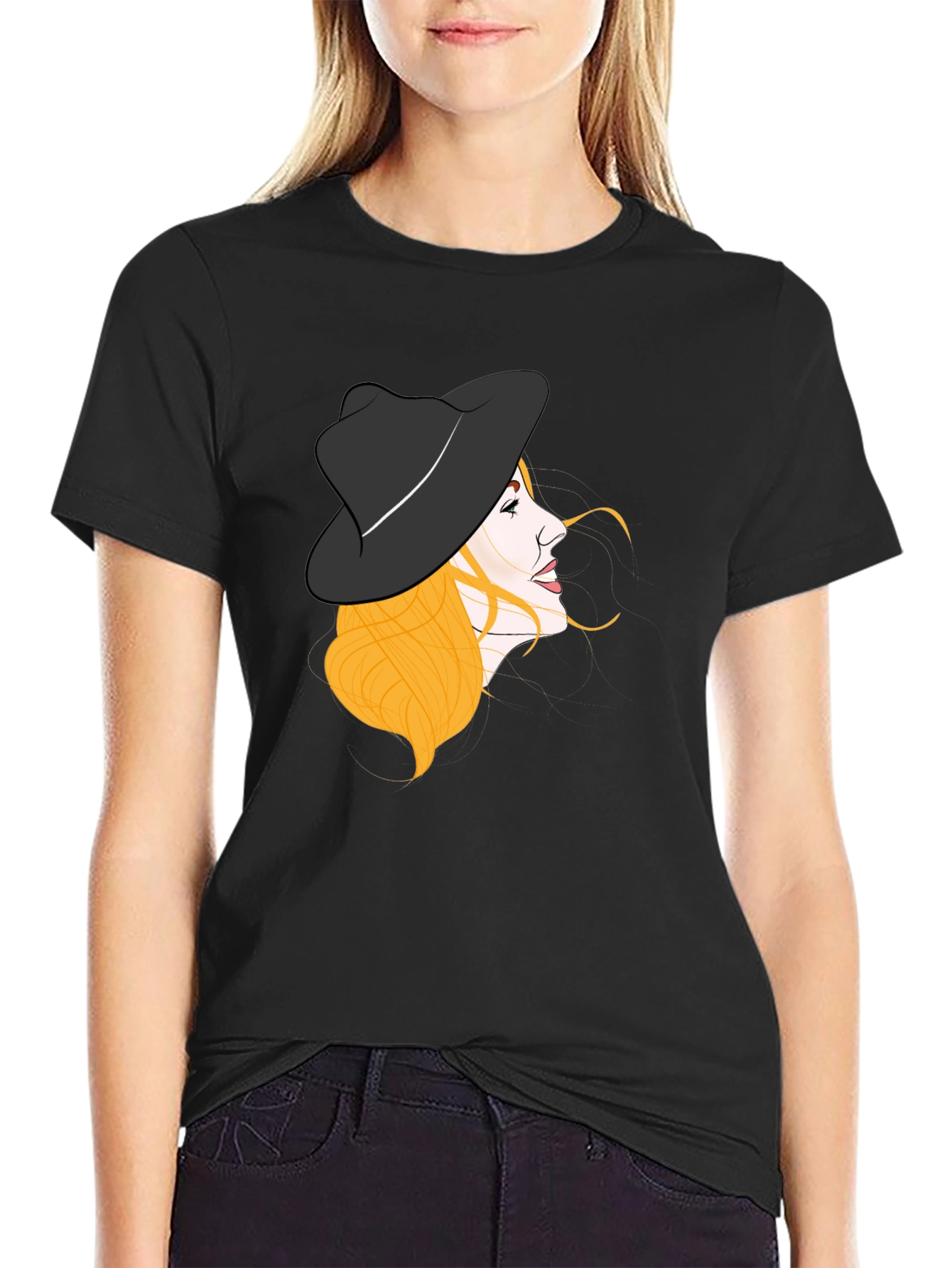 Stylish Woman Hat Graphic Black Tee