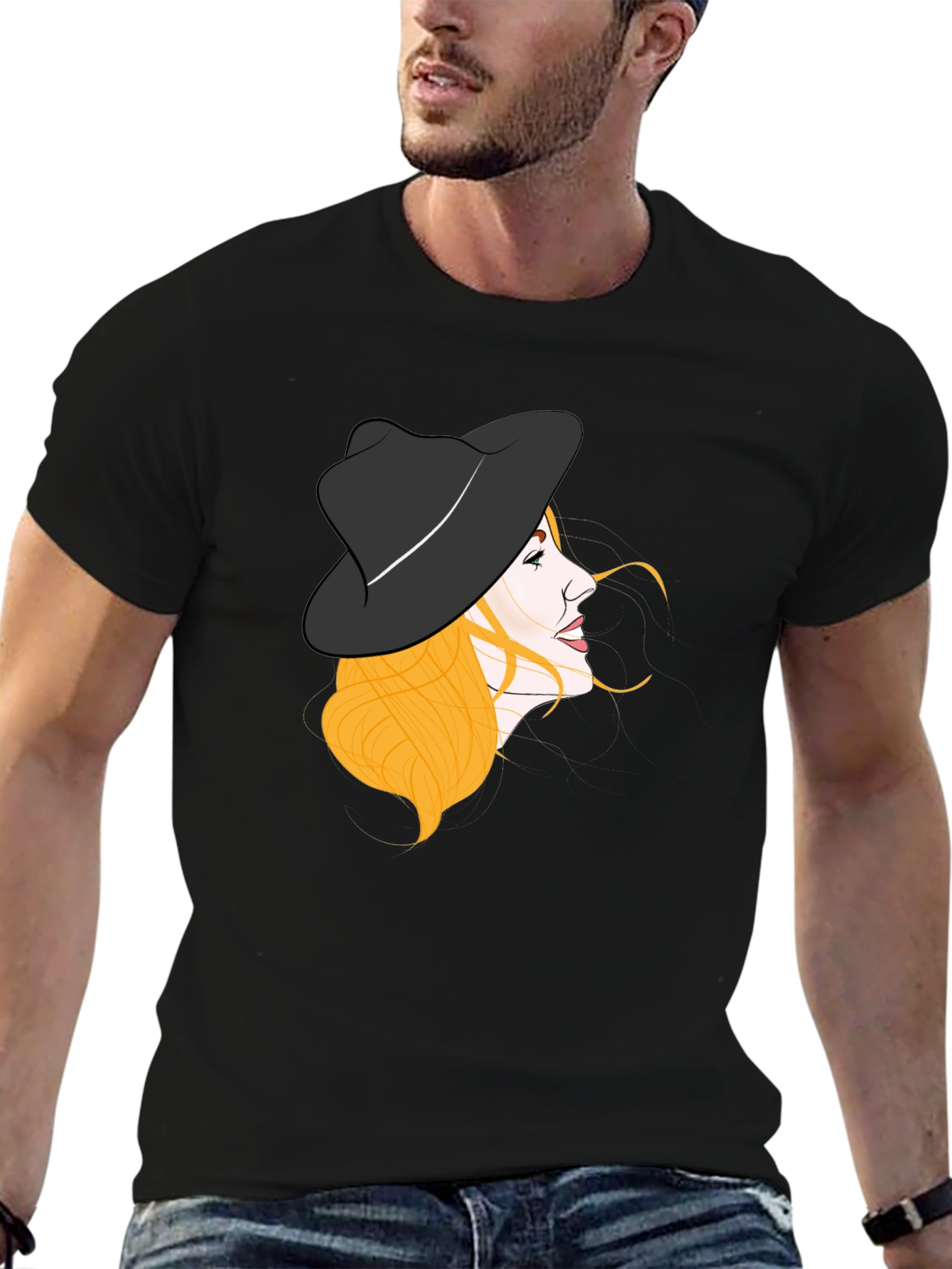Stylish Woman Hat Graphic Black Tee