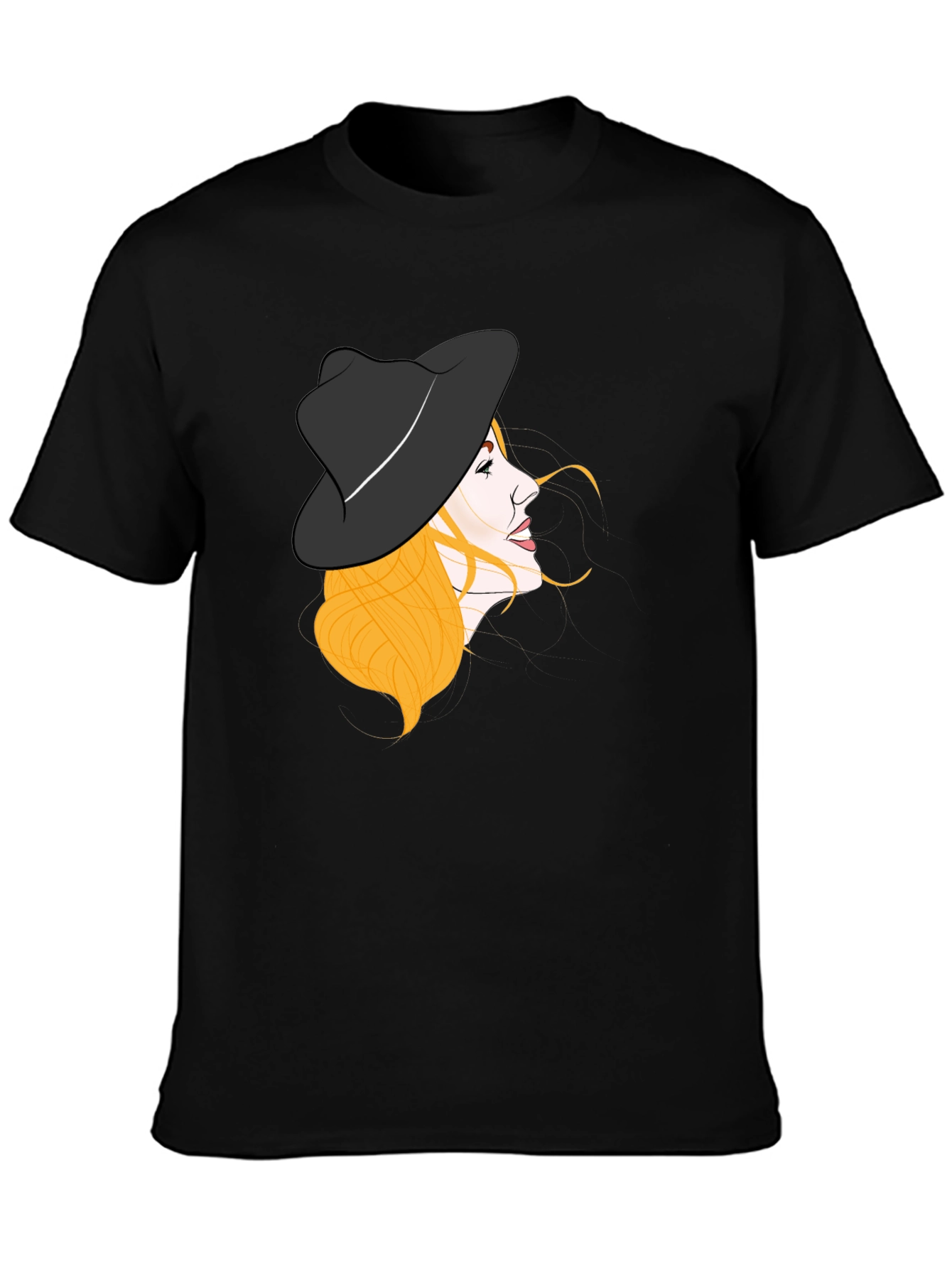 Stylish Woman Hat Graphic Black Tee
