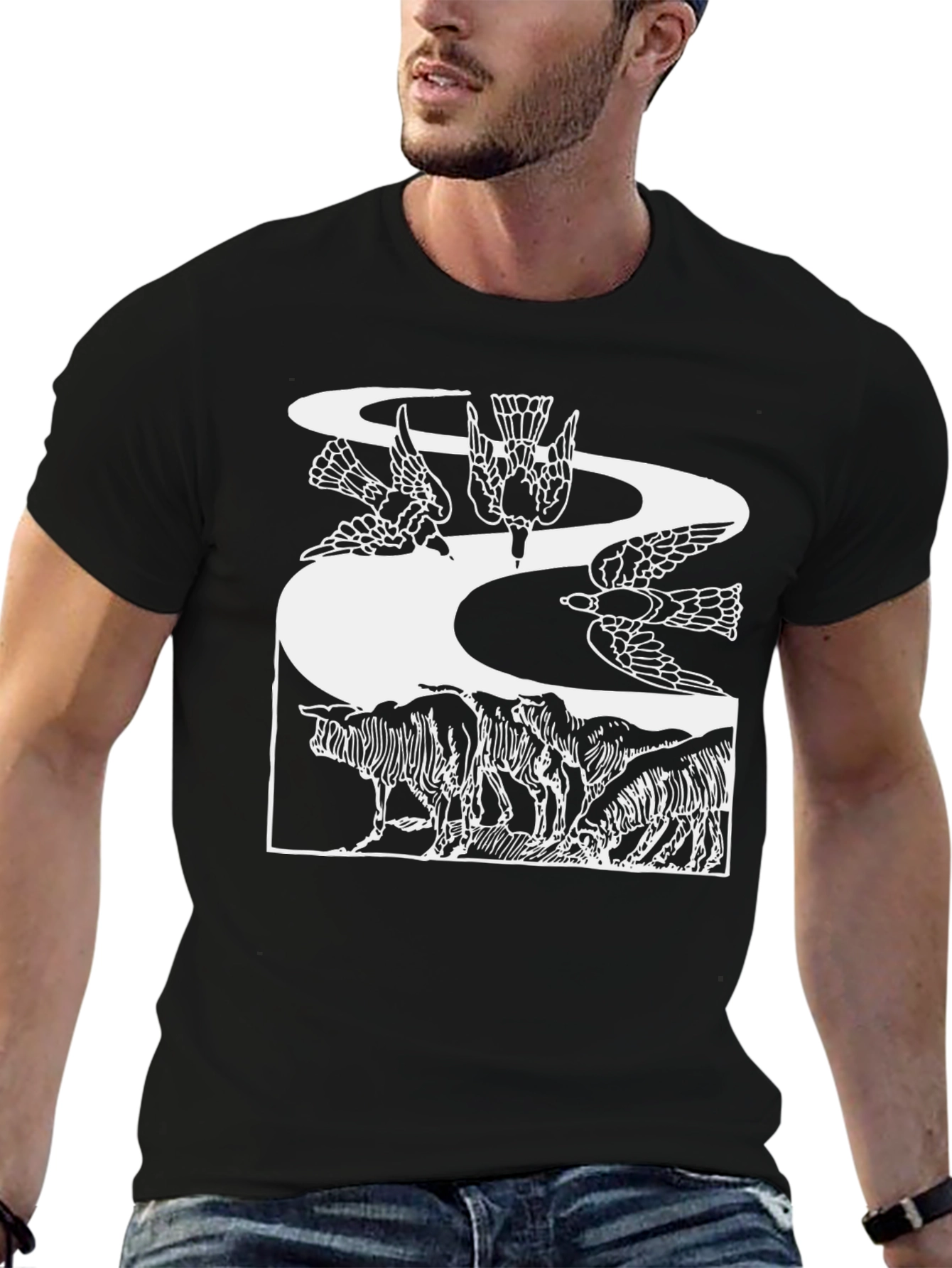 Artistic Graphic Tee - Birds & Wildlife Design
