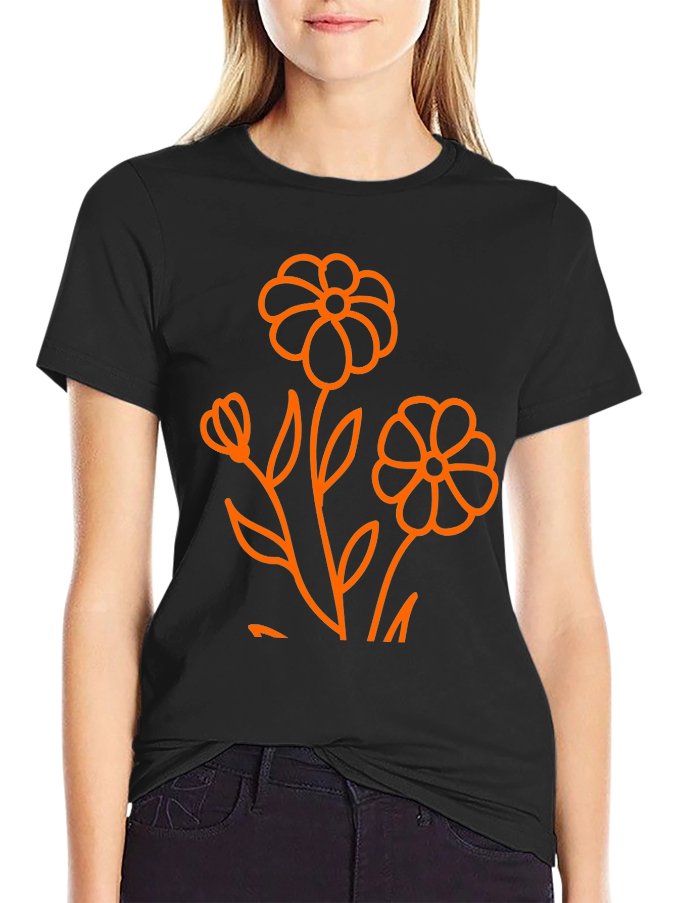 Black T-Shirt with Orange Floral Graphic