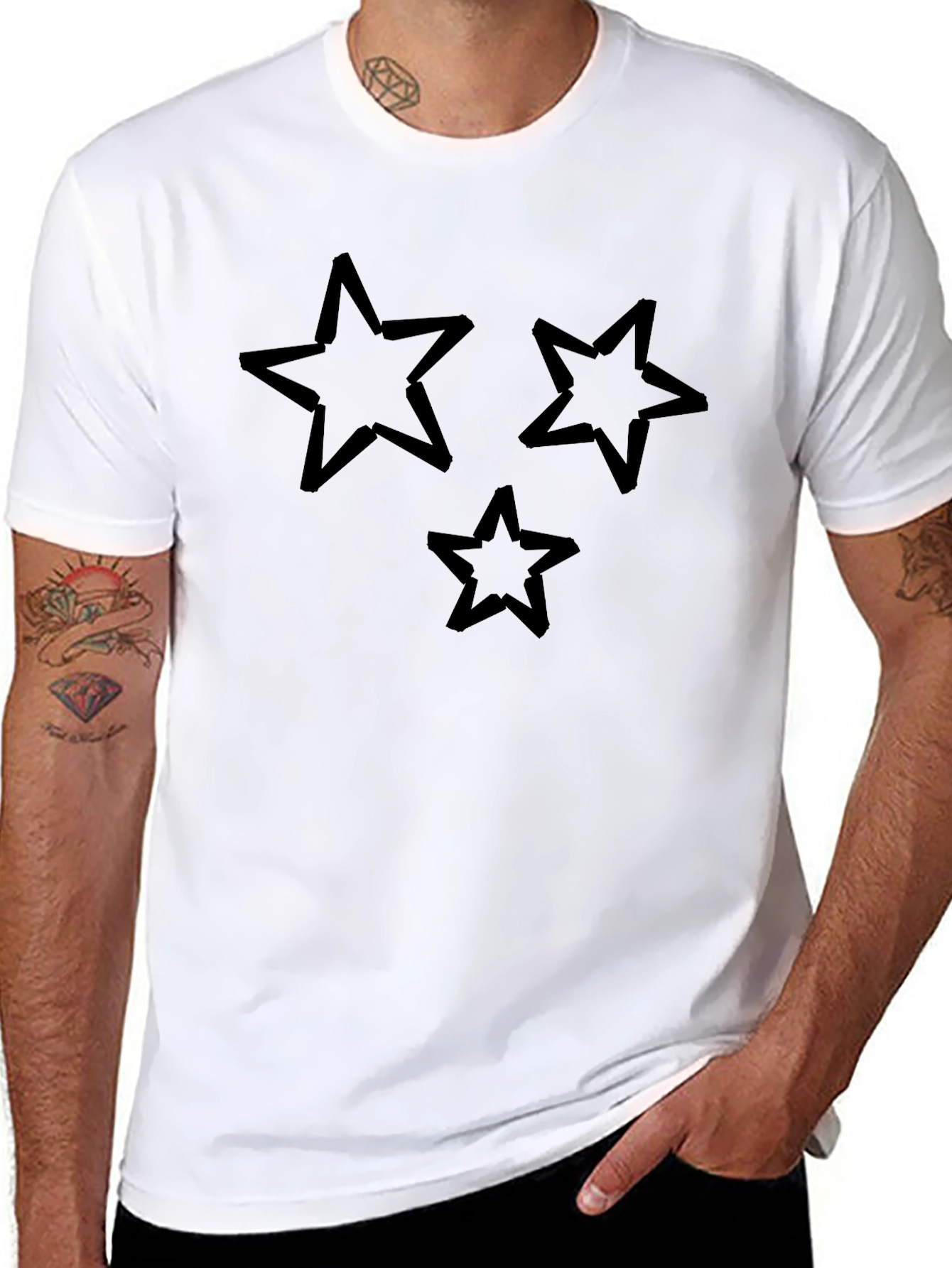 Trendy Three Star Graphic Black T-Shirt