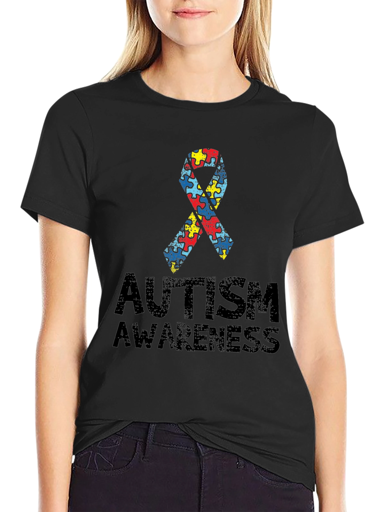 Autism Awareness Puzzle Ribbon T-Shirt - Black