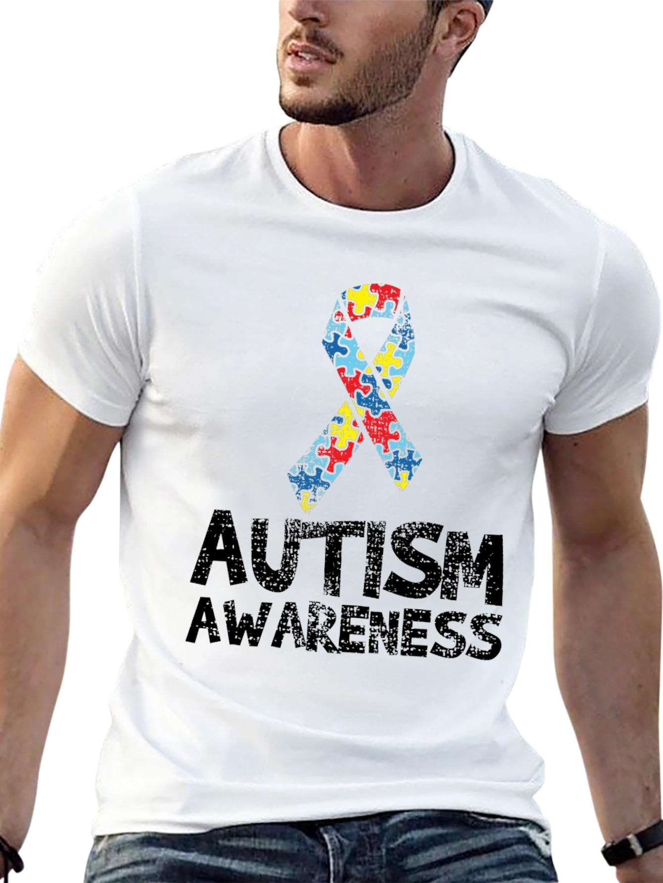 Autism Awareness Puzzle Ribbon T-Shirt - Black