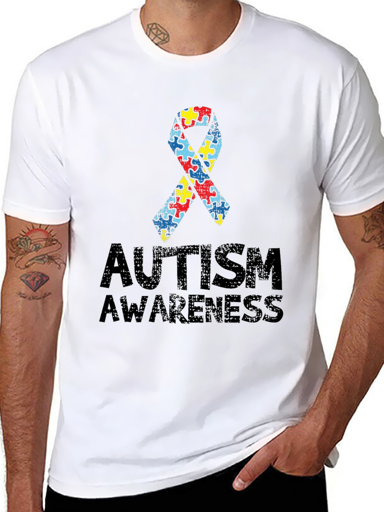 Autism Awareness Puzzle Ribbon T-Shirt - Black