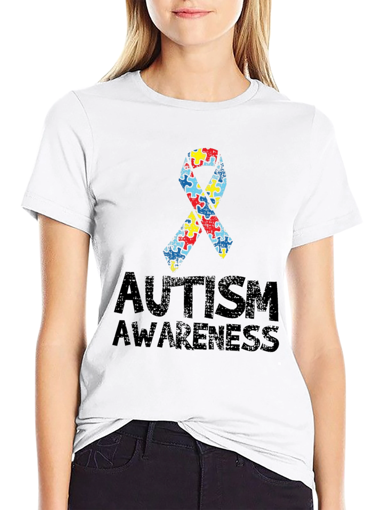 Autism Awareness Puzzle Ribbon T-Shirt - Black