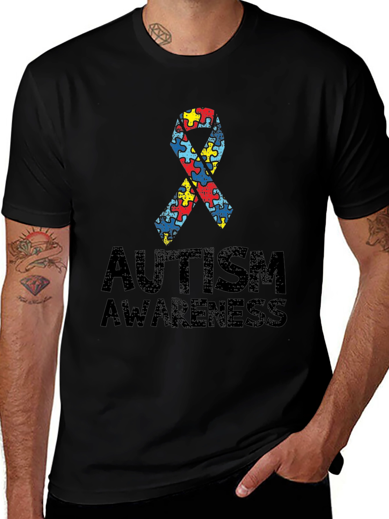Autism Awareness Puzzle Ribbon T-Shirt - Black