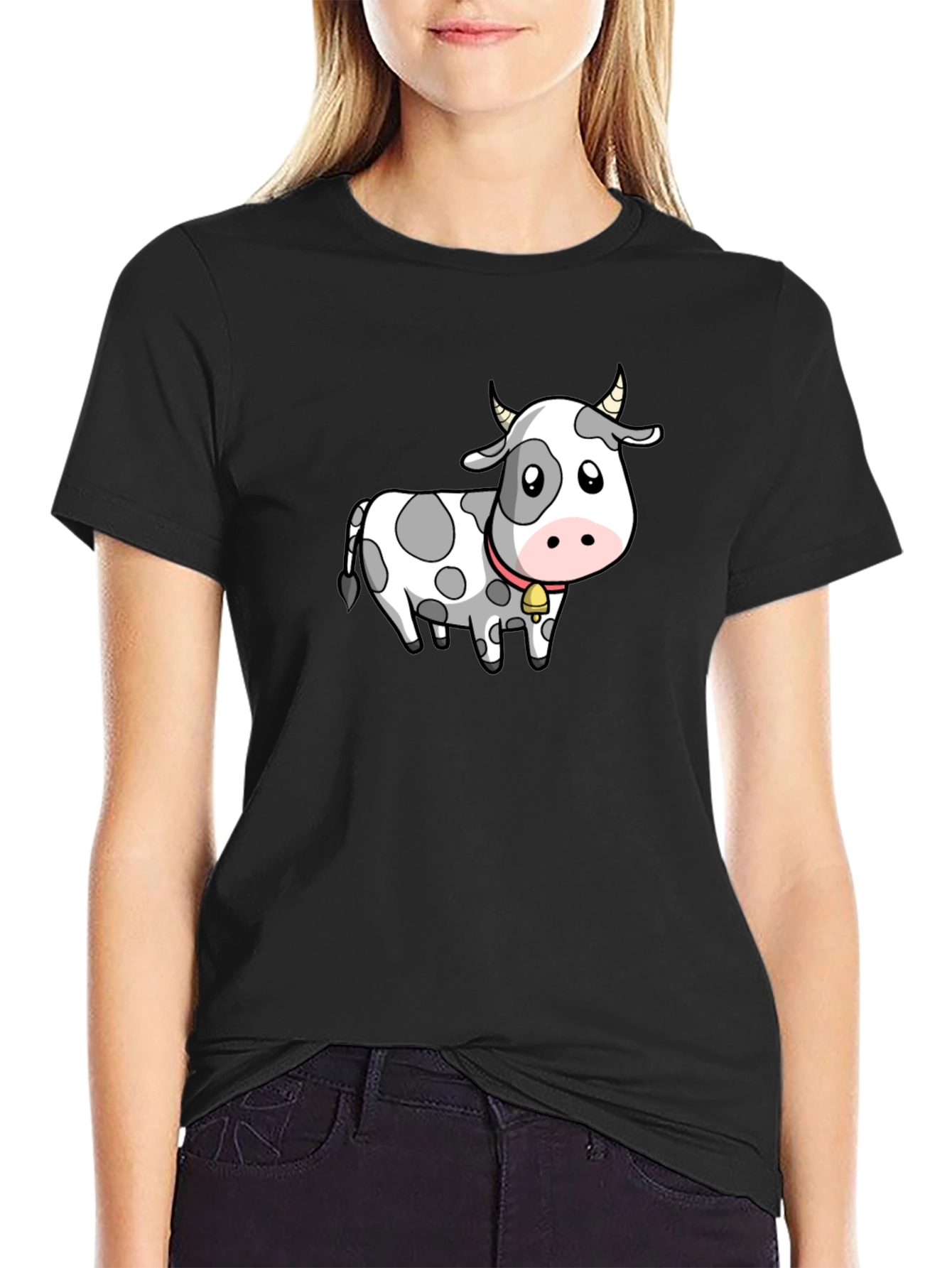 Cow Cartoon Graphic Tee - Black Cotton Blend