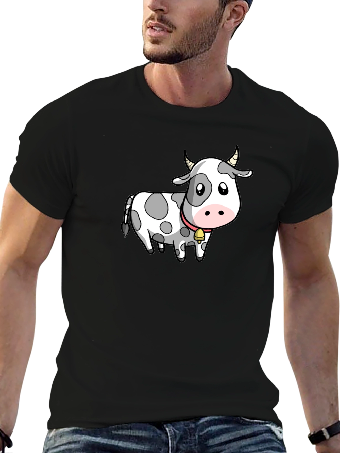 Cow Cartoon Graphic Tee - Black Cotton Blend