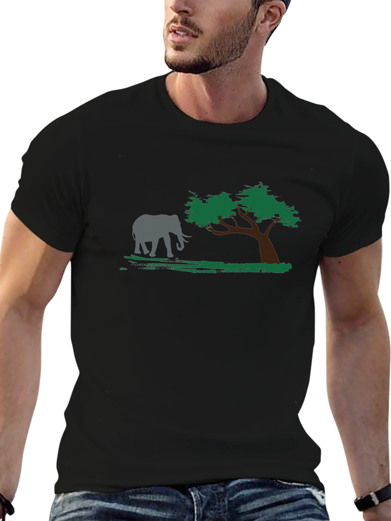 Elephant & Tree Graphic Black T-Shirt