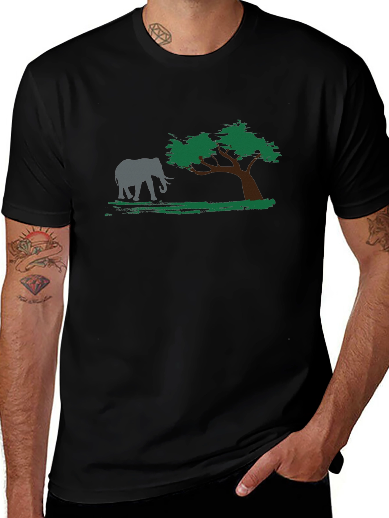 Elephant & Tree Graphic Black T-Shirt