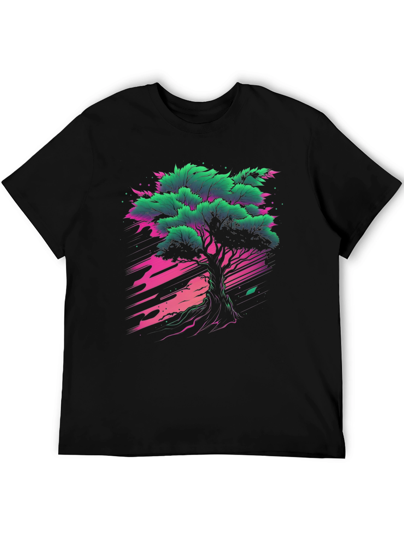 Vibrant Tree Graphic Tee - Black Cotton T-Shirt