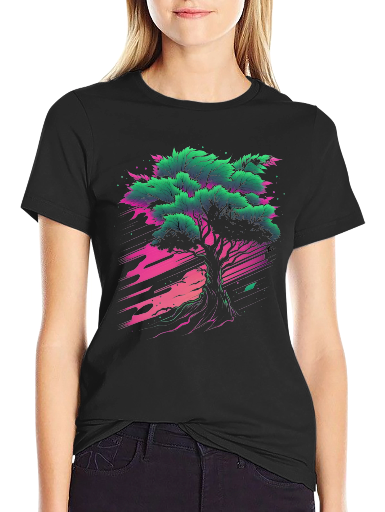 Vibrant Tree Graphic Tee - Black Cotton T-Shirt