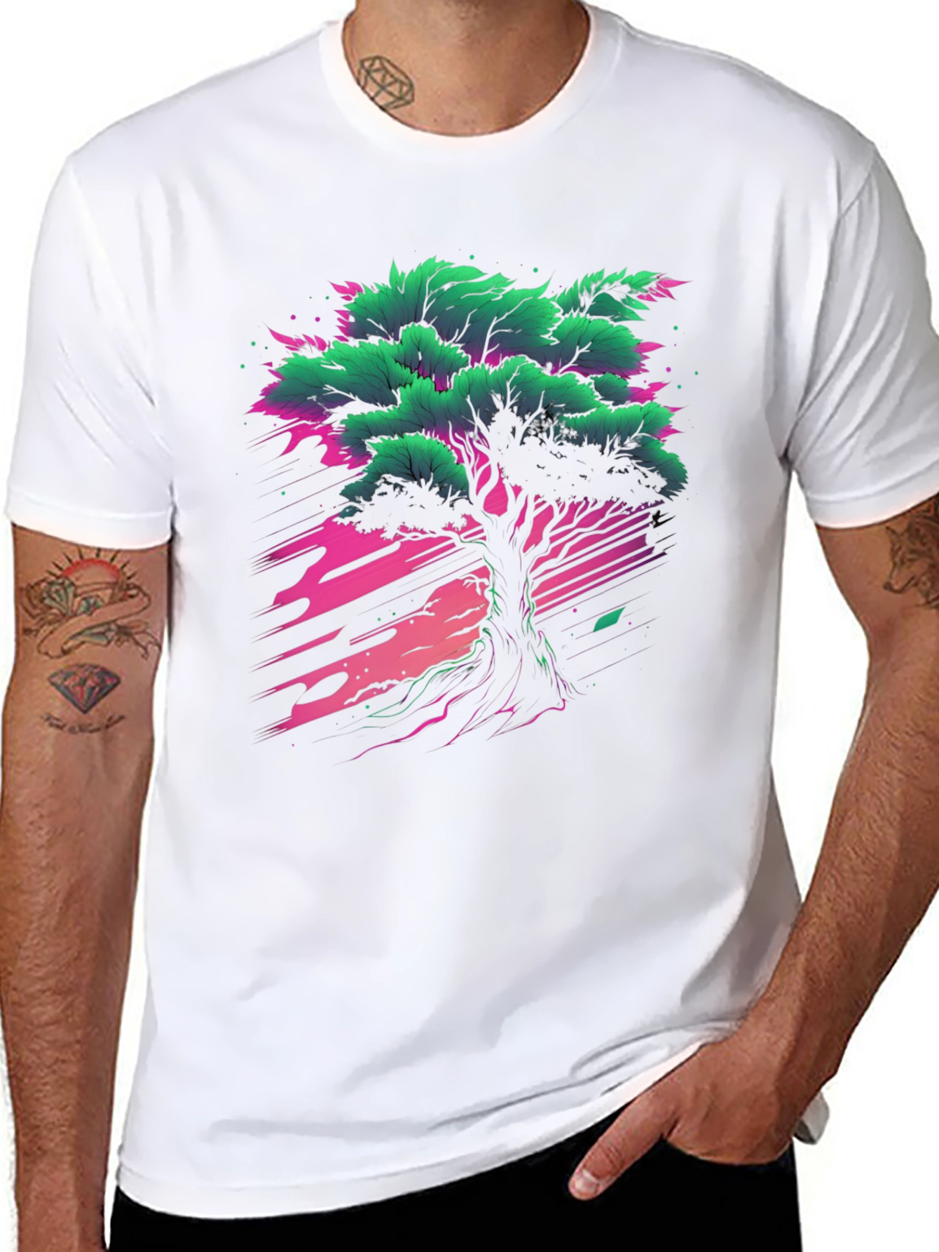 Vibrant Tree Graphic Tee - Black Cotton T-Shirt