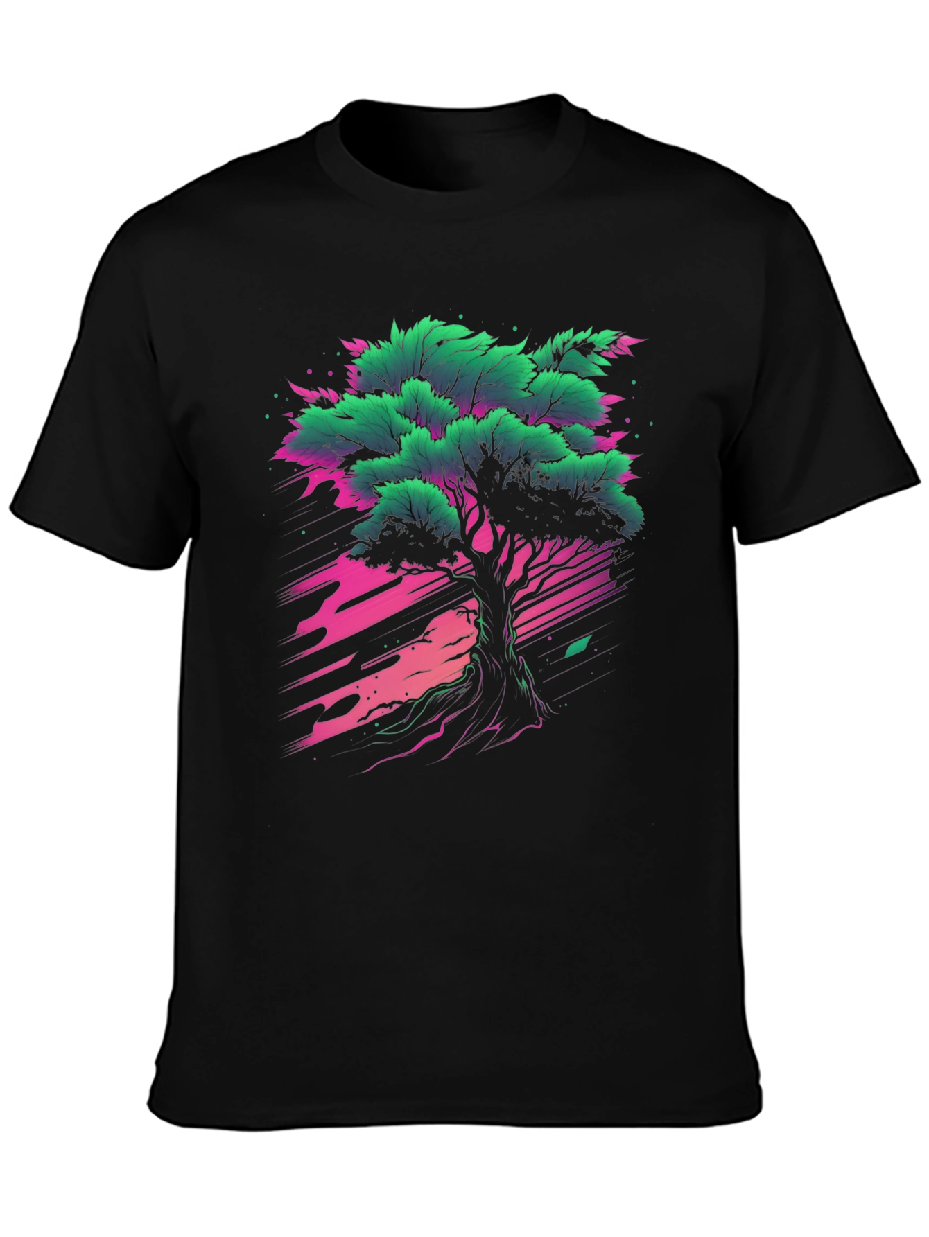 Vibrant Tree Graphic Tee - Black Cotton T-Shirt
