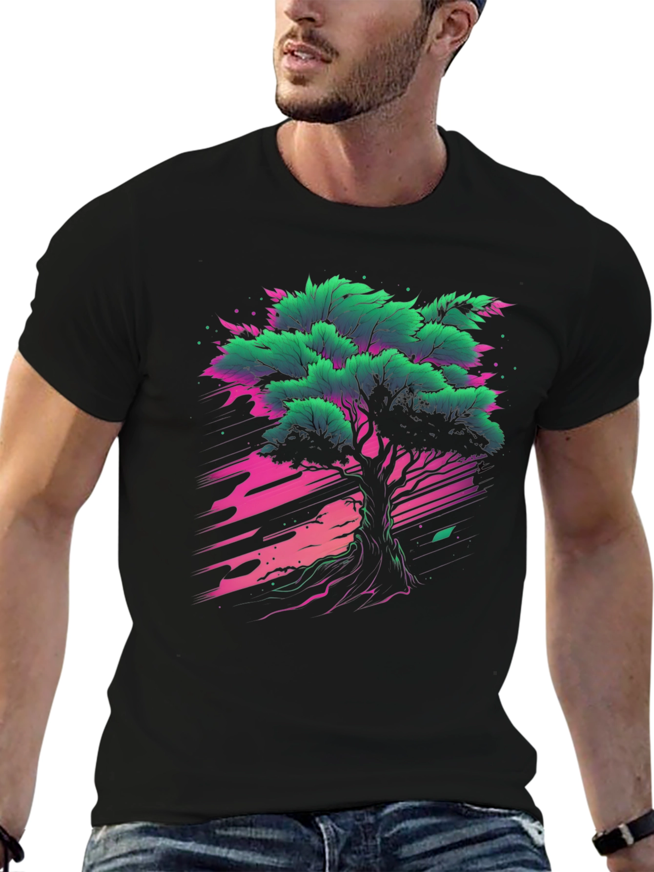 Vibrant Tree Graphic Tee - Black Cotton T-Shirt