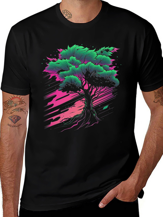 Vibrant Tree Graphic Tee - Black Cotton T-Shirt