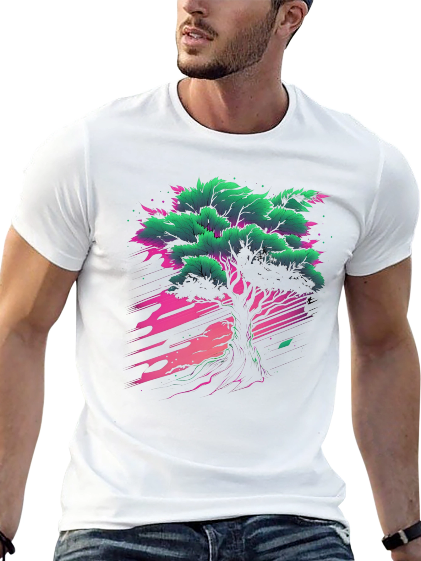 Vibrant Tree Graphic Tee - Black Cotton T-Shirt