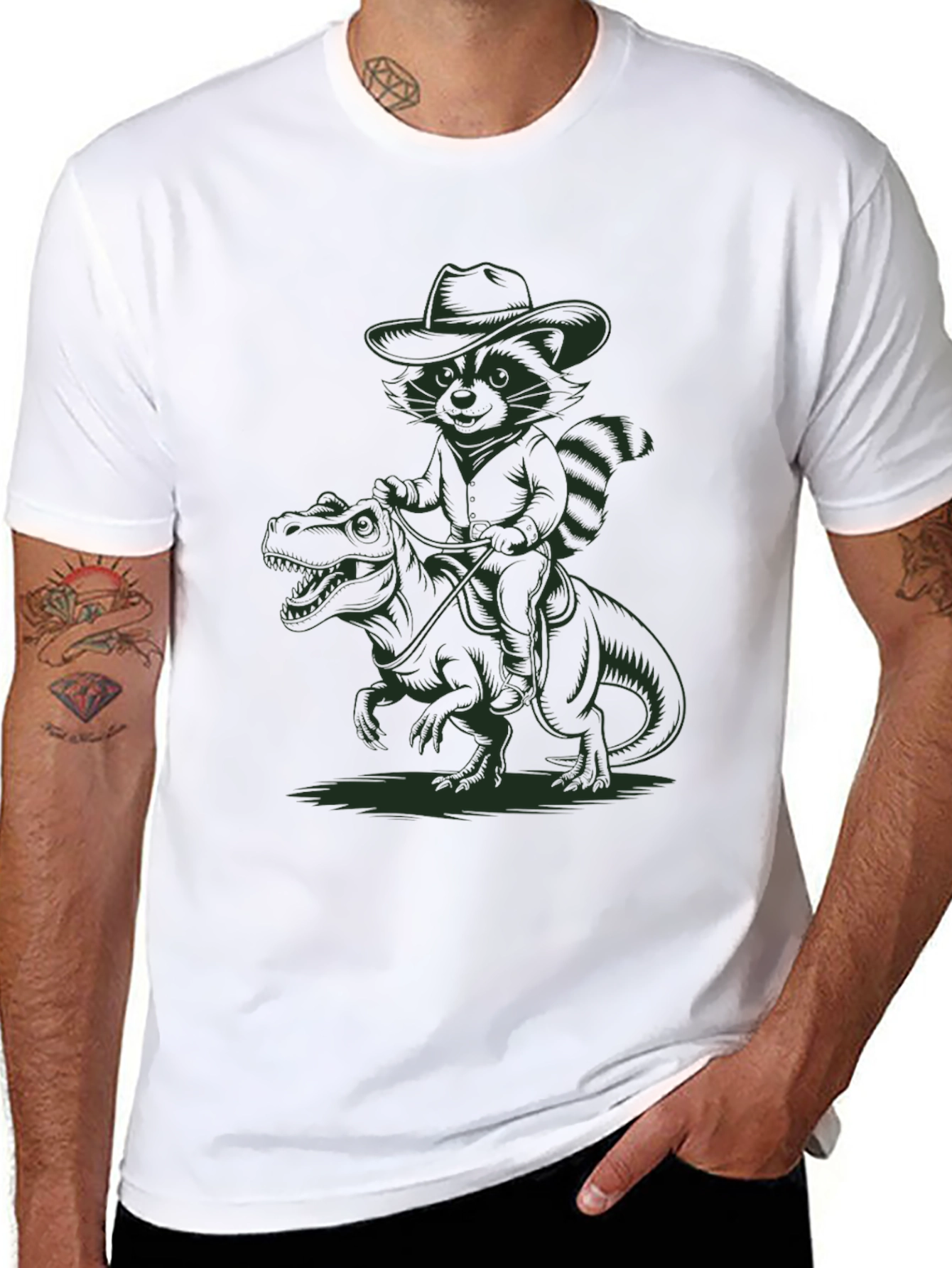 Cowboy Raccoon Riding a Dinosaur T-Shirt