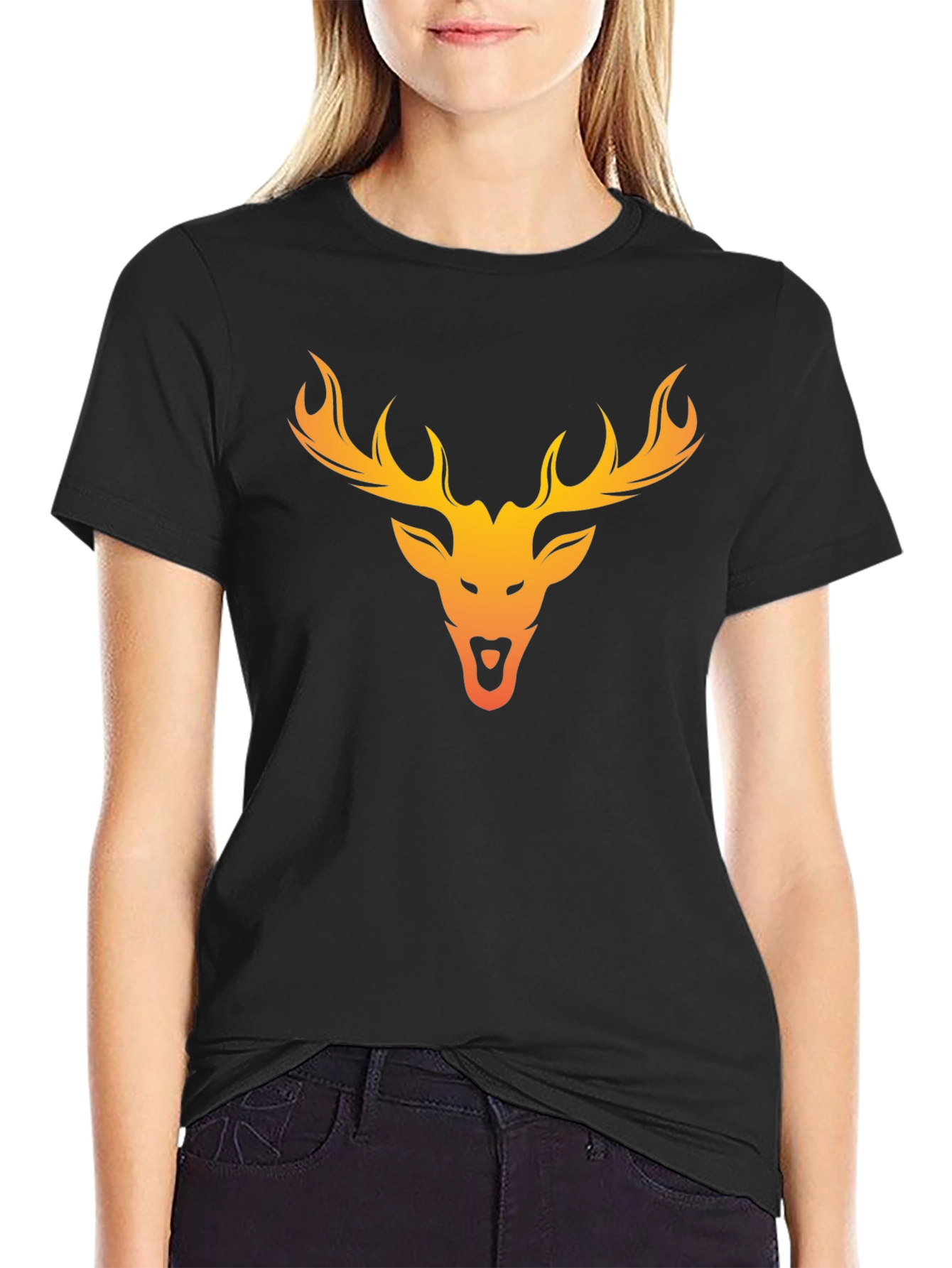 Deer Head Graphic Tee - Black Cotton Blend