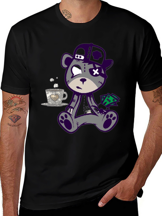 Cool Cartoon Bear Graphic Print Black T-Shirt