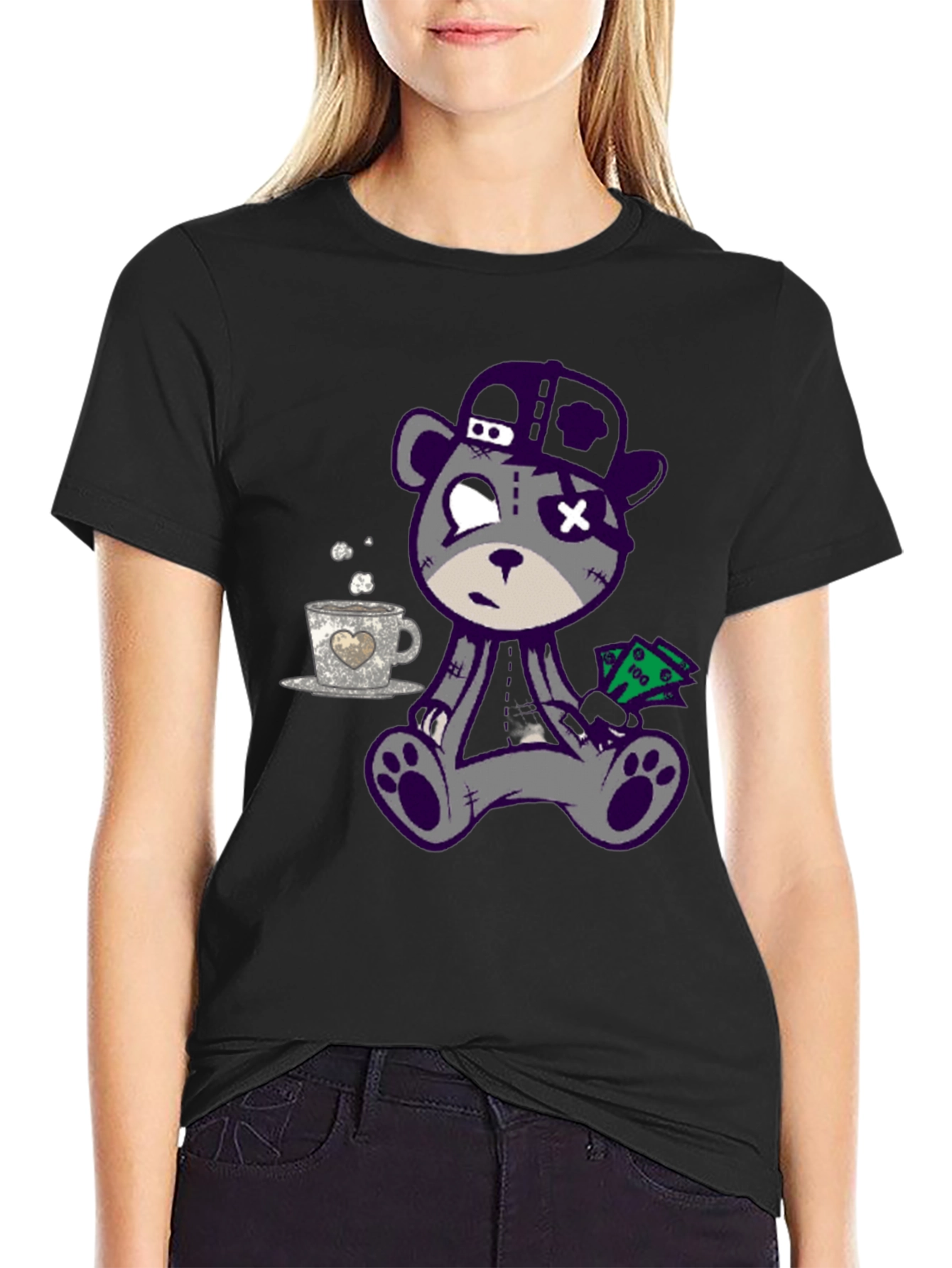 Cool Cartoon Bear Graphic Print Black T-Shirt