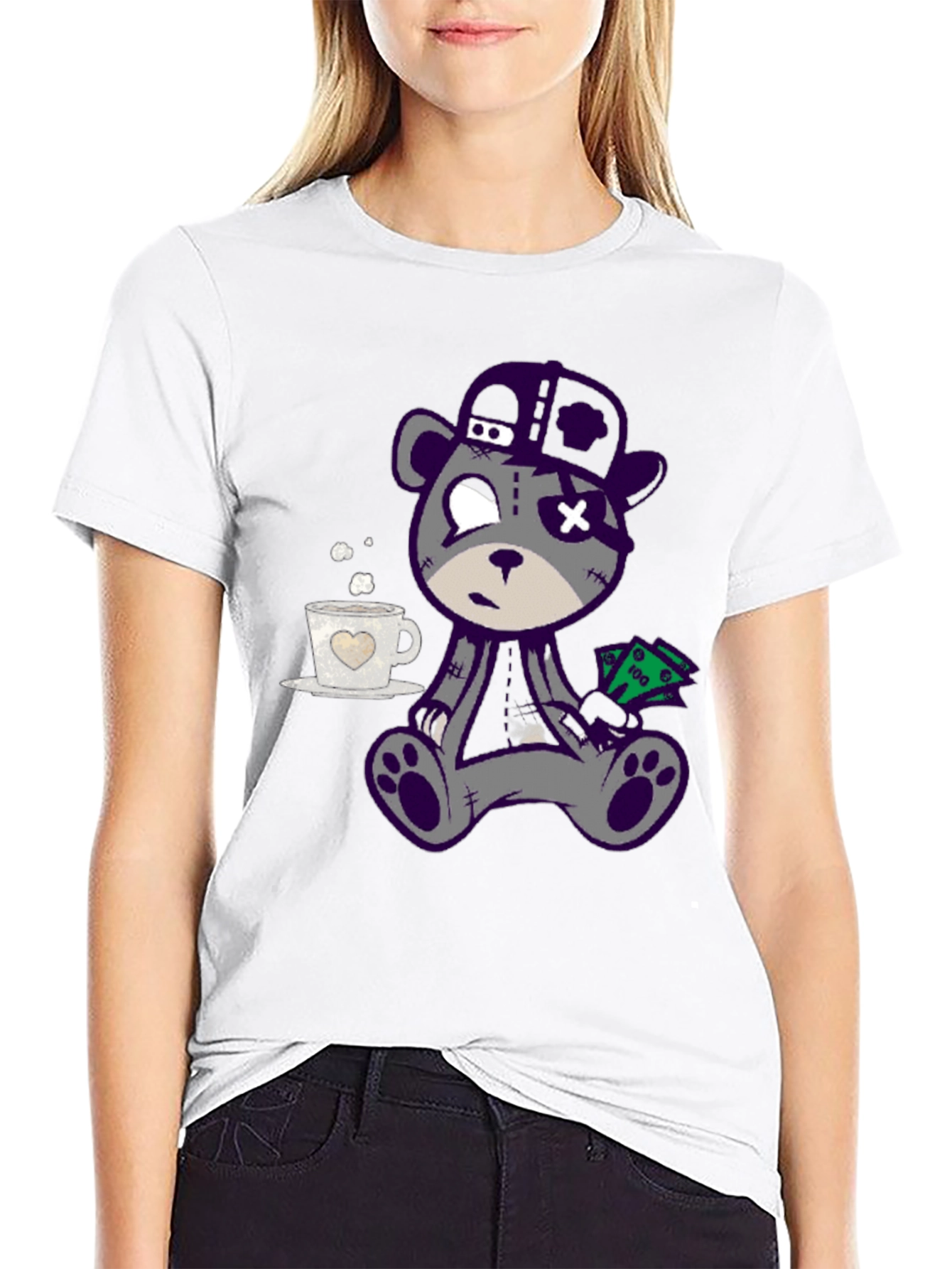 Cool Cartoon Bear Graphic Print Black T-Shirt