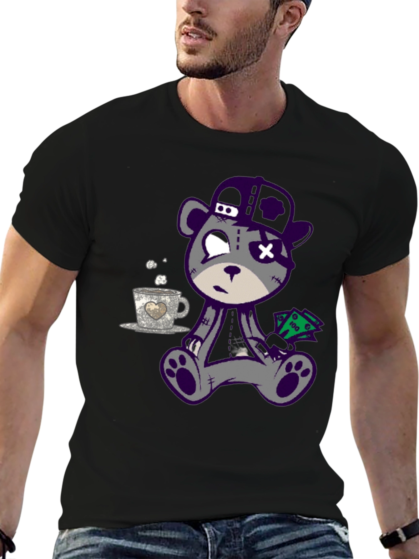 Cool Cartoon Bear Graphic Print Black T-Shirt