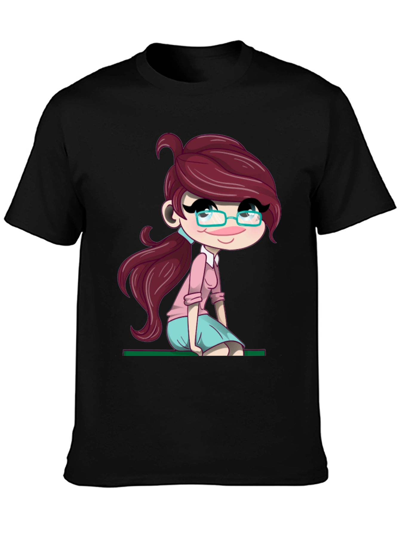 Cartoon Girl Graphic Tee - Soft Black T-Shirt