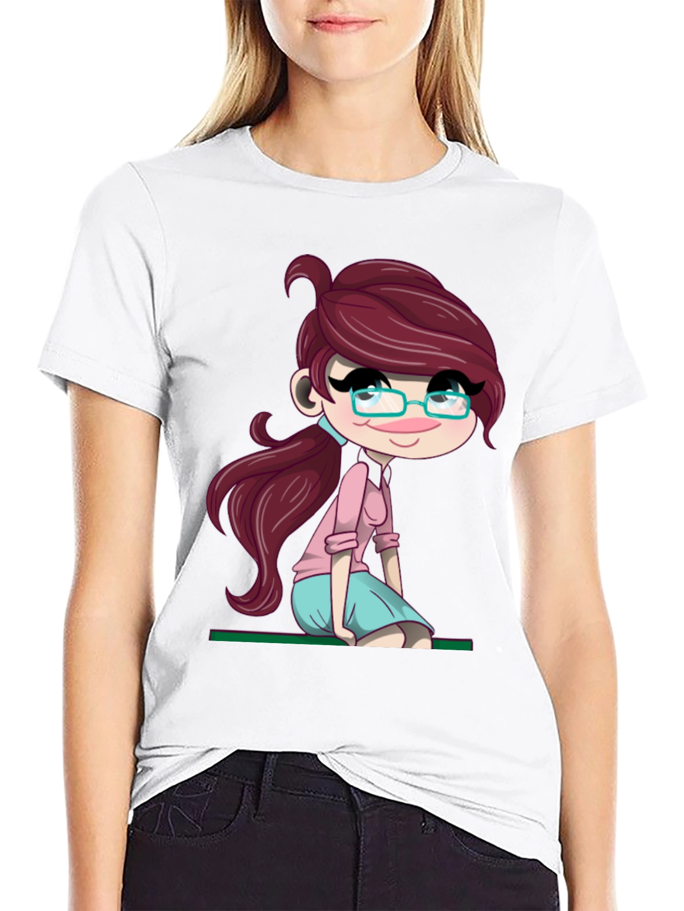 Cartoon Girl Graphic Tee - Soft Black T-Shirt