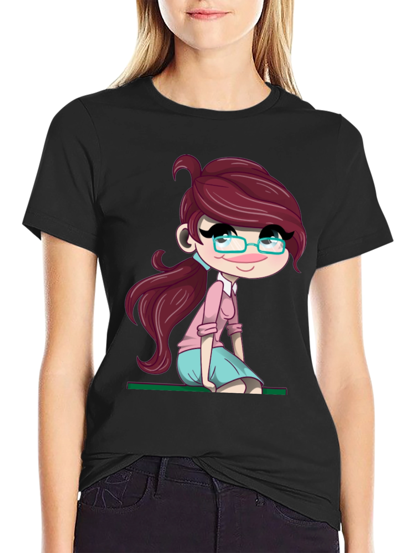 Cartoon Girl Graphic Tee - Soft Black T-Shirt