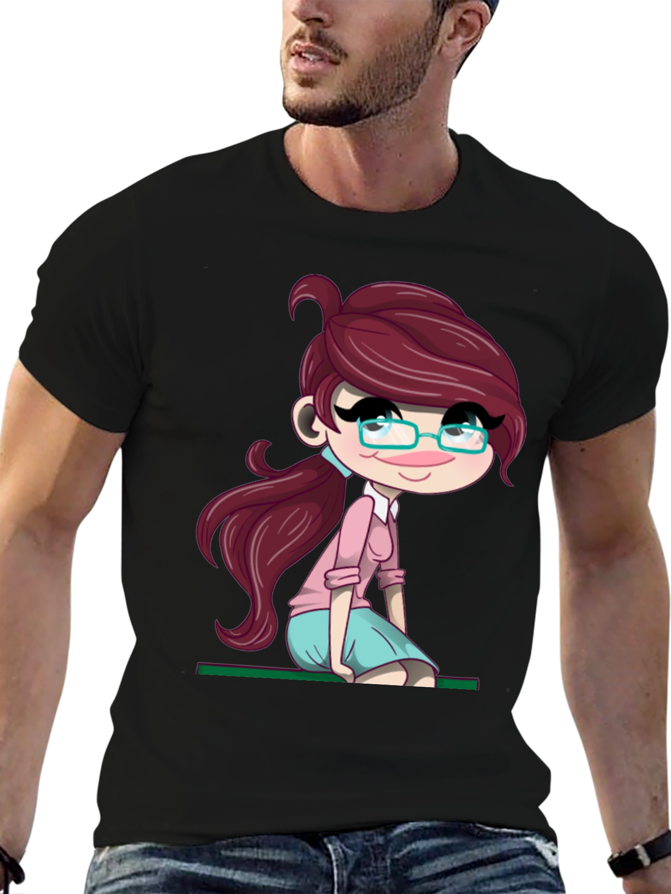 Cartoon Girl Graphic Tee - Soft Black T-Shirt