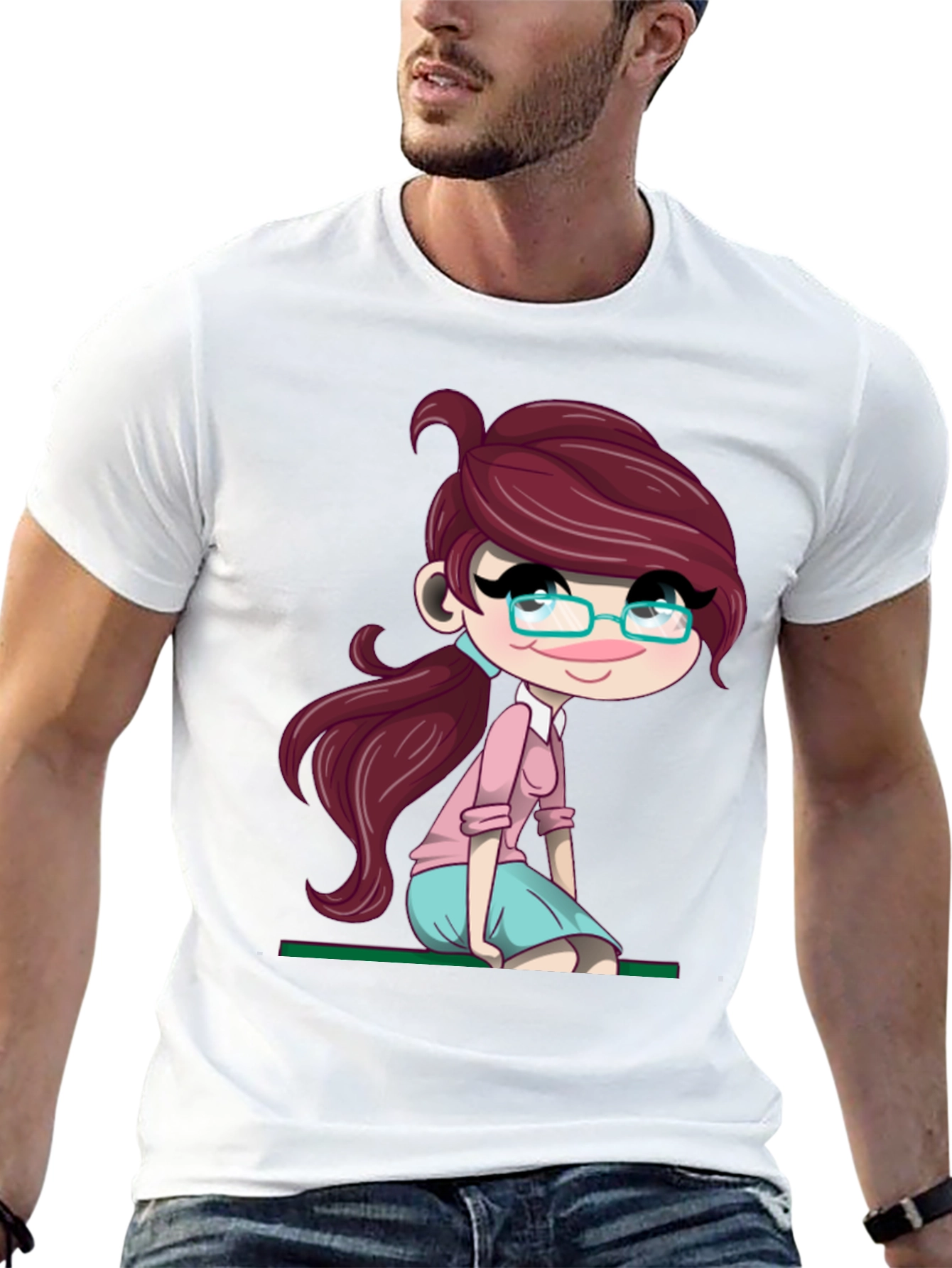 Cartoon Girl Graphic Tee - Soft Black T-Shirt
