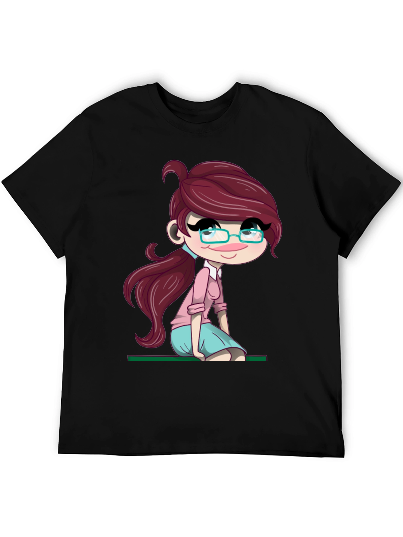 Cartoon Girl Graphic Tee - Soft Black T-Shirt