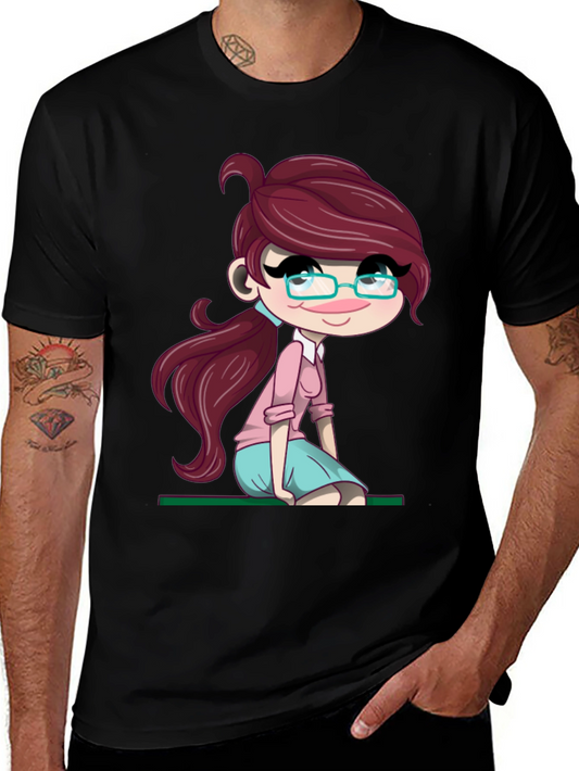 Cartoon Girl Graphic Tee - Soft Black T-Shirt